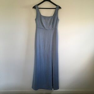 BHLDN Sophia Square-Neck Satin A-Line Maxi Dress Sz L Dusty Blue Smocked Black